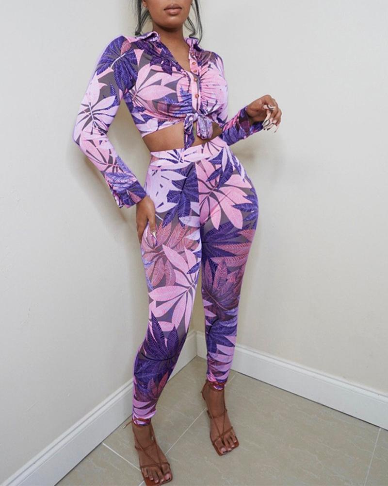 

Plus Size Tropical Print Button Up Crop Top & Pants Set, Pink