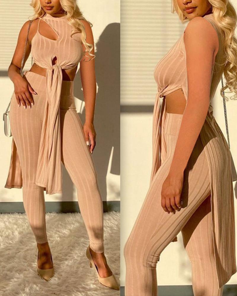

Hollow-out Slit Lace-up Pit Plain Top & Pant Set, Khaki