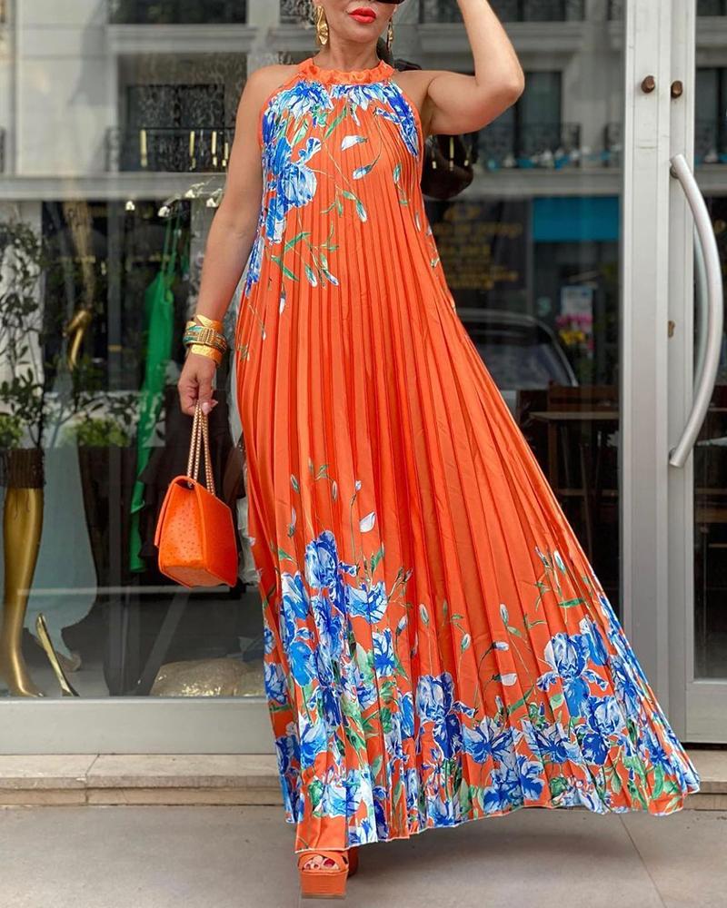 

Floral Print Sleeveless Pleated Maxi Dress, Orange
