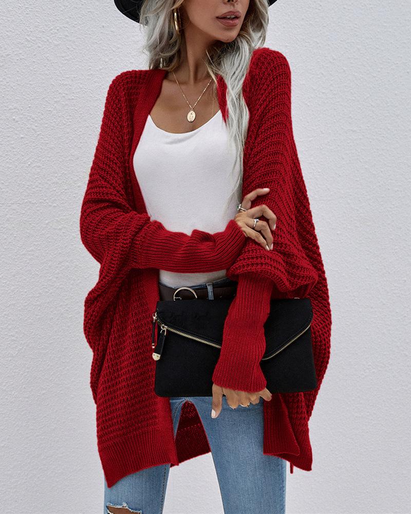 

Open Front Split Hem Batwing Sleeve Cardigan, Red
