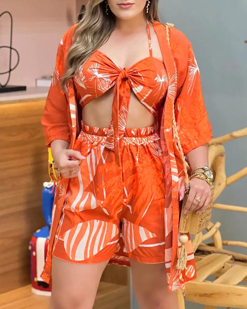 

Tropical Print Top & Shorts Set With Tied Detail Bralette, Orange