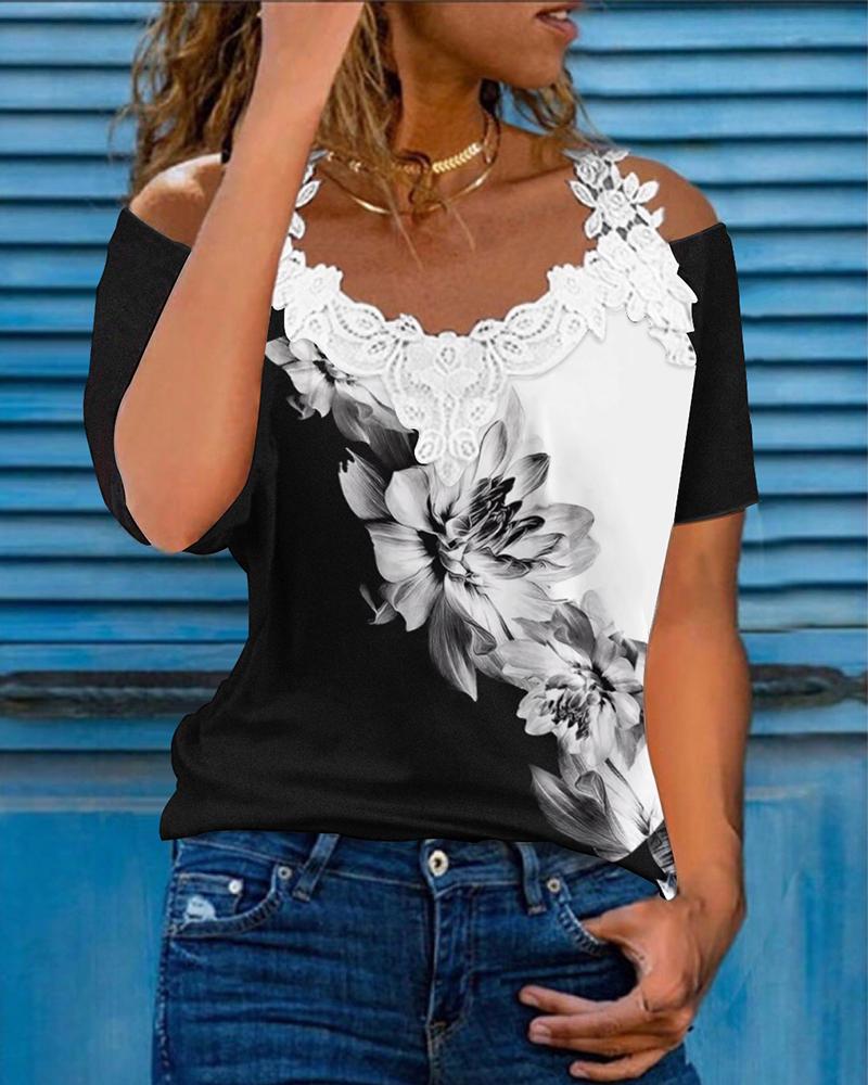 

Floral Print Colorblock Contrast Lace Cold Shoulder Top, Blackwhite