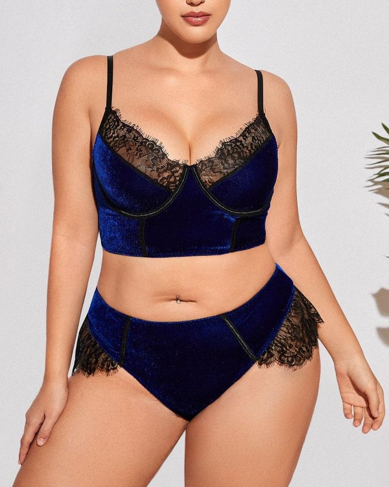 

Plus Size Contrast Eyelash Lace Lingerie Set, Blue