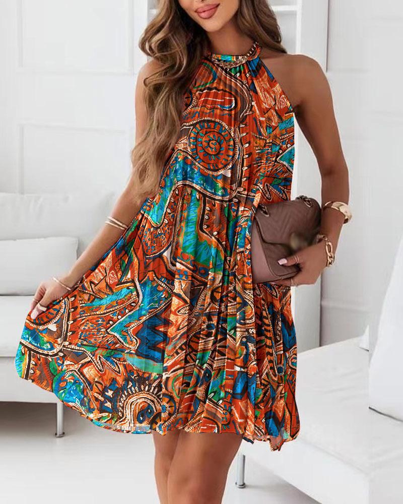 

Tribal Print Sleeveless Halter Pleated Dress, Multicolor