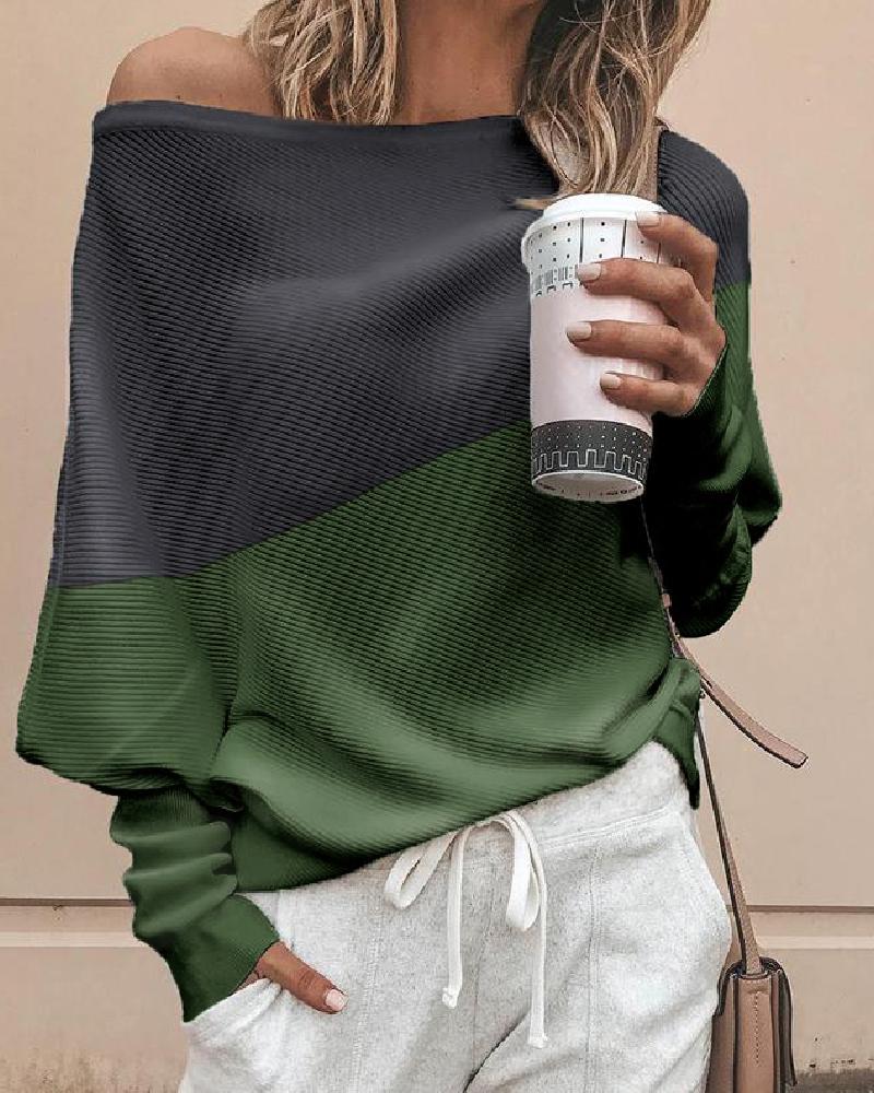 

Skew Neck Colorblock Insert Batwing Sleeve Blouse, Gray