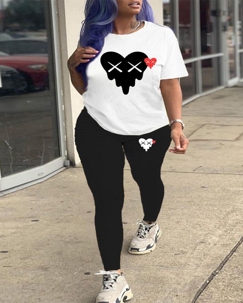 

Plus Size Heart Print Casual Top & Pants Set, Black