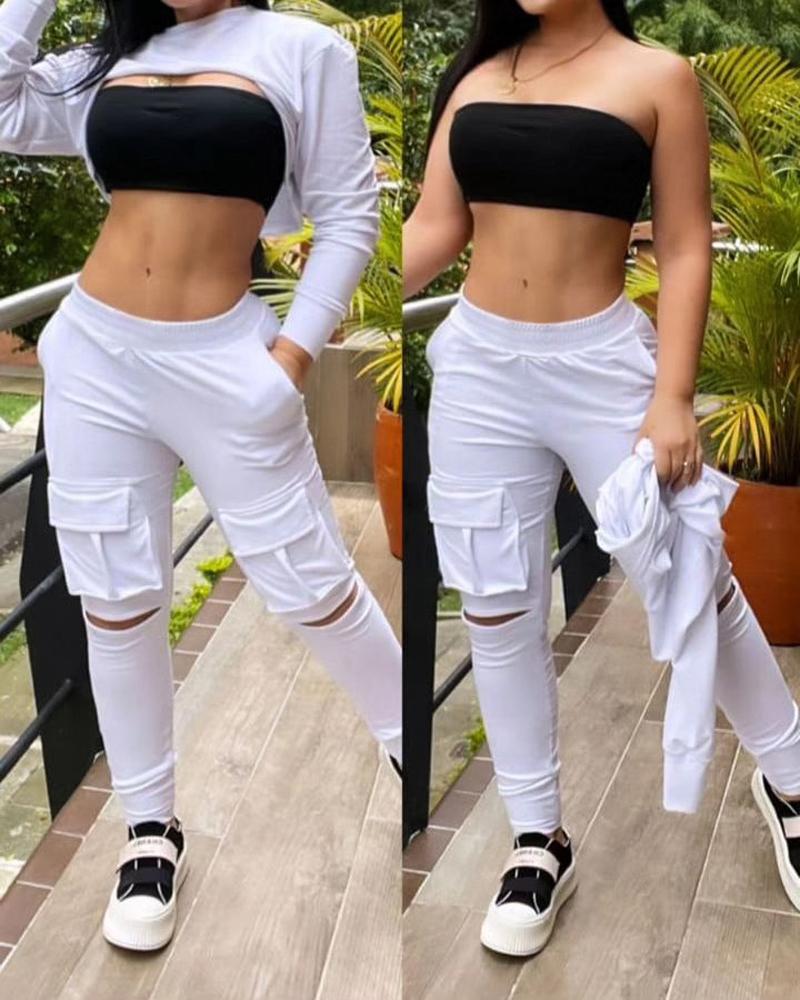 

Pocket Design Cutout Cargo Pants, White