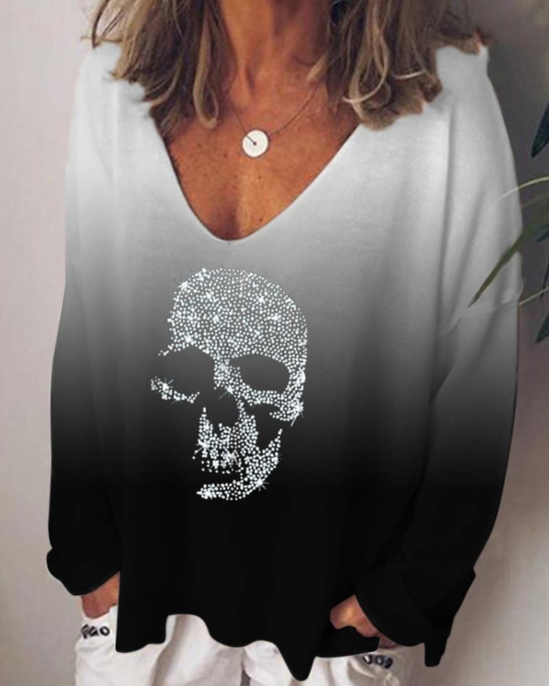 

Studded Skull Pattern Gradient Long Sleeve Top, Black
