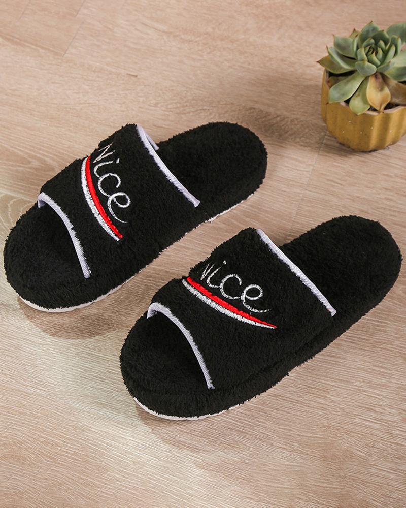 

Fuzzy Letter Pattern Platform Slippers, Black