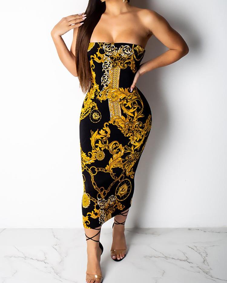 

Retro Print Tube Dress, Black