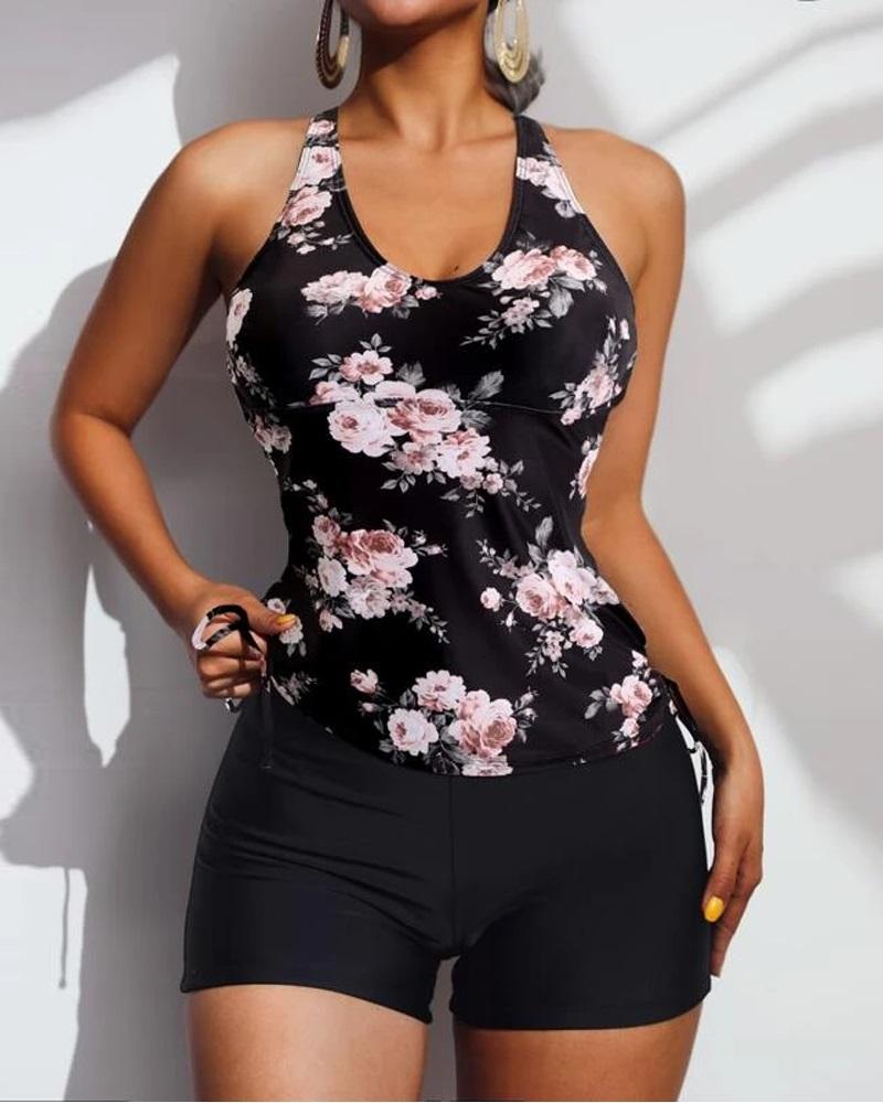 

Floral Print Drawstring Ruched Tankini Set, Black