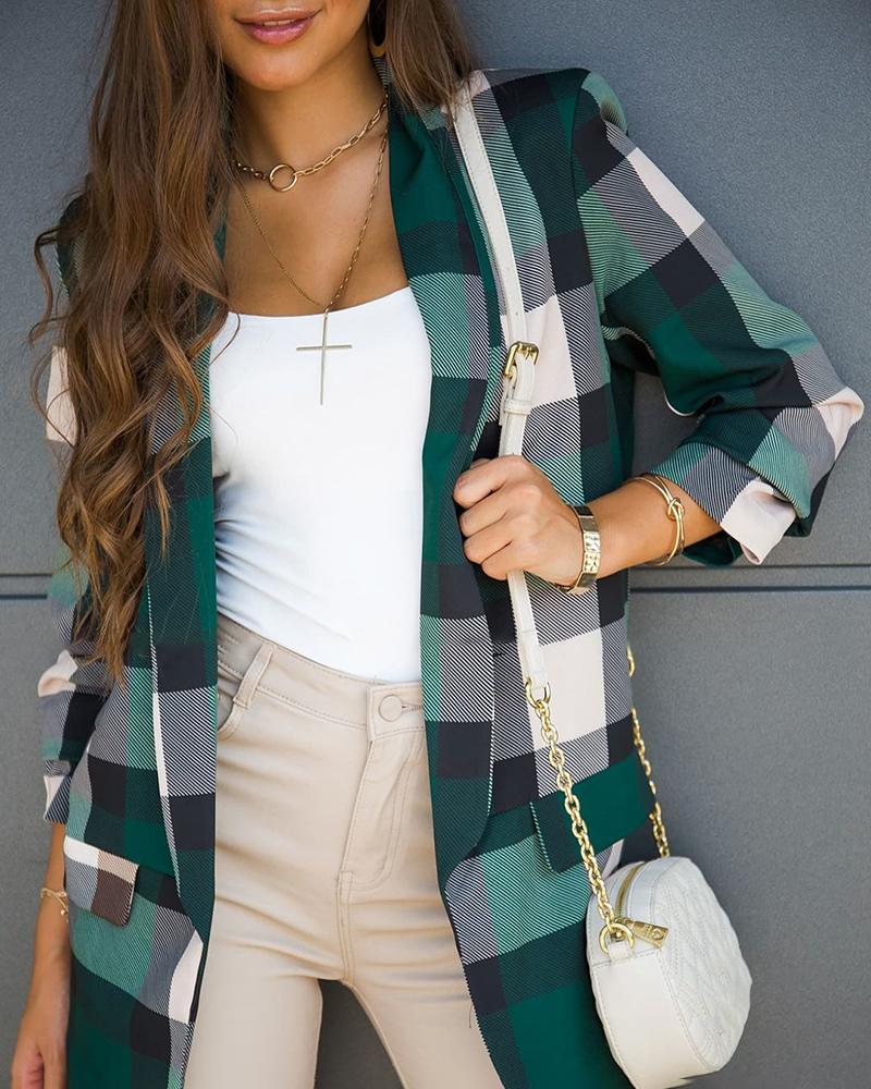 

Plaid Print Long Sleeve Blazer Coat, Green