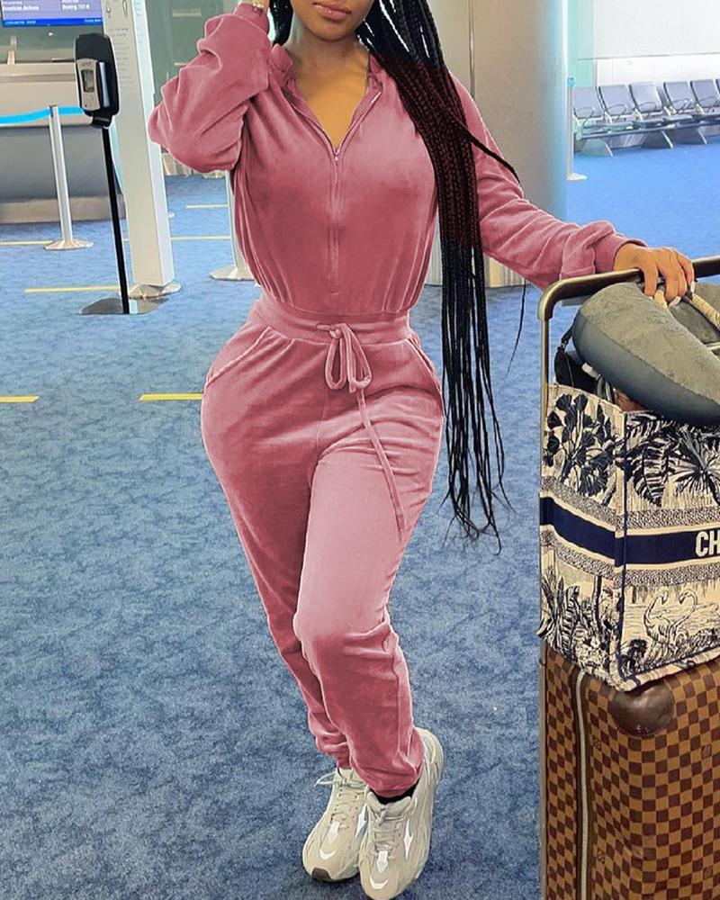 

Zipper Design Drawstring Long Sleeve Jumpsuit, Hot pink