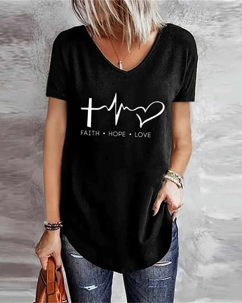 

Letter Heart Print Casual T-shirt, Black