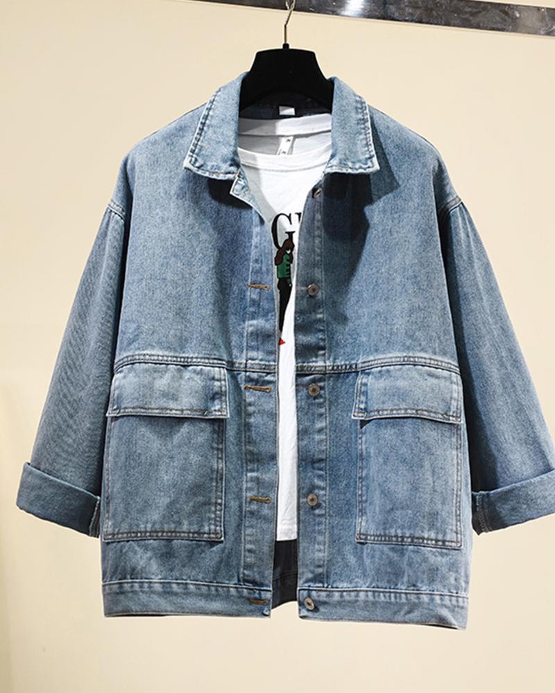 

Solid Long Sleeve Loose Denim Jackets, Blue