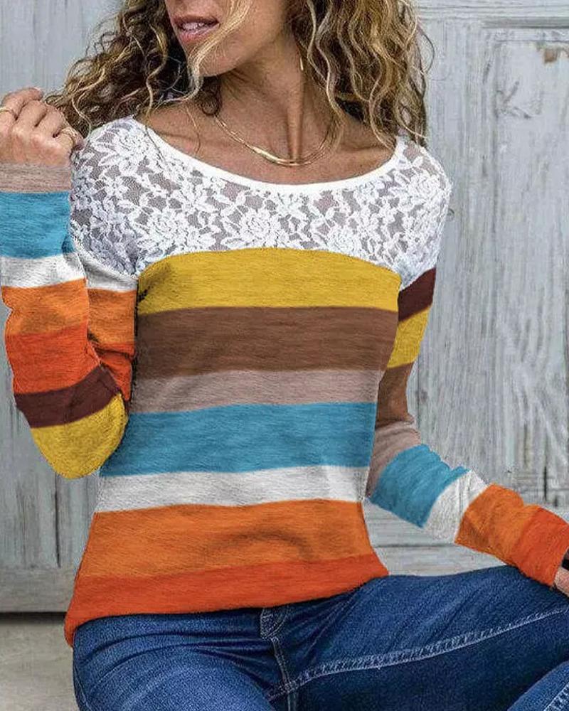 

Striped Contrast Lace Long Sleeve Top, Multicolor