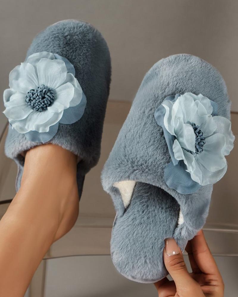

Round Toe Floral Pattern Fuzzy Slippers, Gray