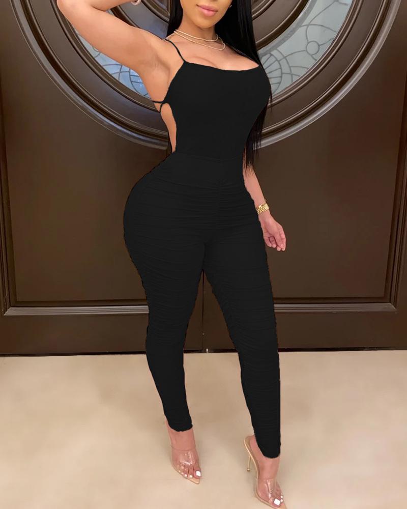 

Solid Spaghetti Strap Ruched Jumpsuit, Black