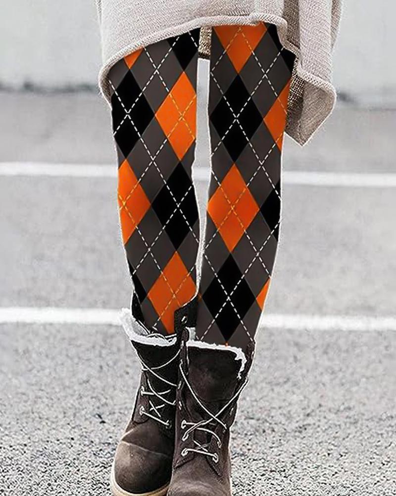 

Argyle Pattern Colorblock Skinny Leggings, Orange