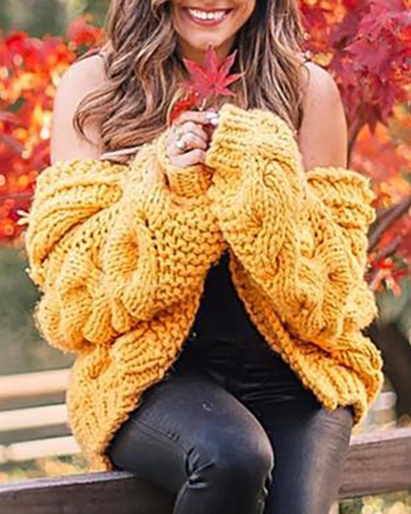 

Braided Knit Long Sleeve Hooded Cardigan, Yellow