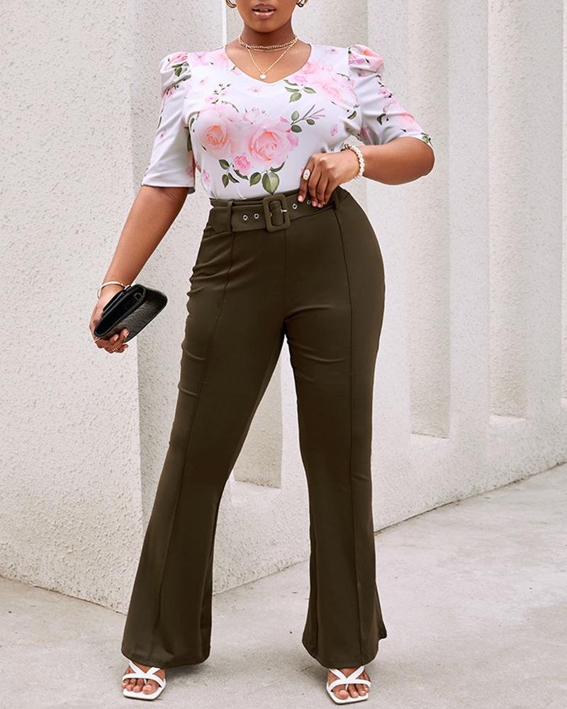 

Floral Print Top & Plain Bootcut Pants Set, Army green