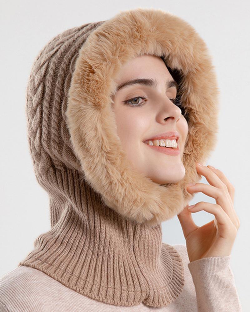 

Windproof Thermal Plaid Buttoned Cable Knit Winter Hat With Neck Warmer, Khaki