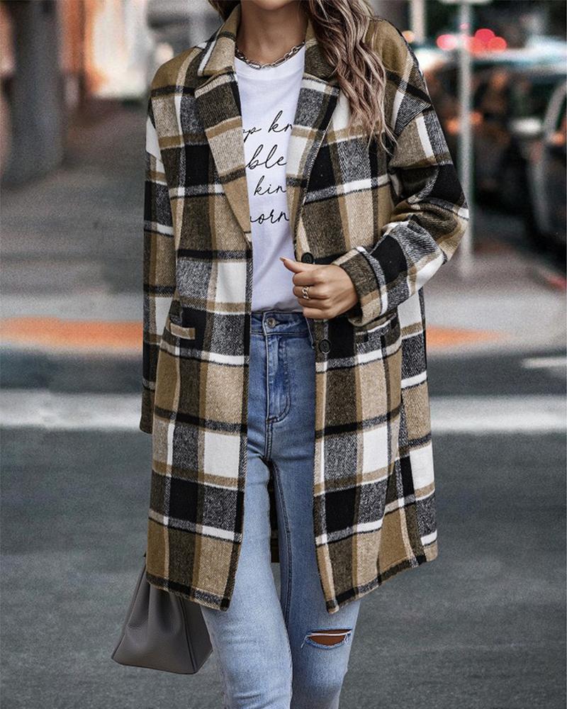 

Plaid Print Pocket Detail Long Sleeve Coat, Yellow