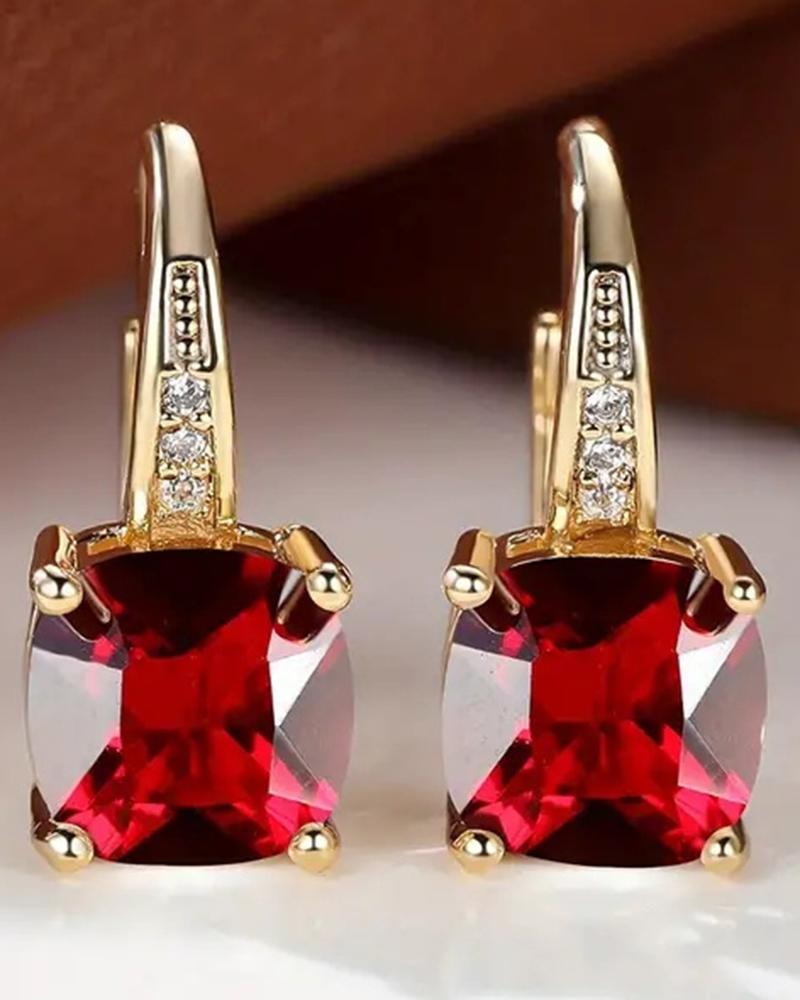 

1Pair Crystal Square Stone Hoop Earrings Party Evening Jewelry, Red