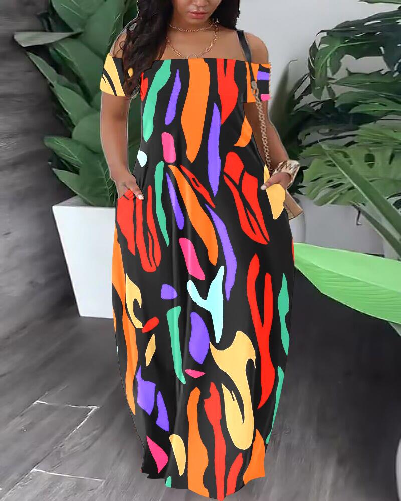

Plus Size Multicolor Abstract Print Off Shoulder Maxi Dress