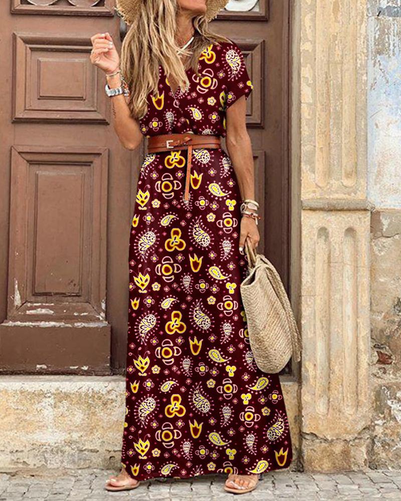 

Floral Print Short Sleeve Loose Boho Dress, Wine red