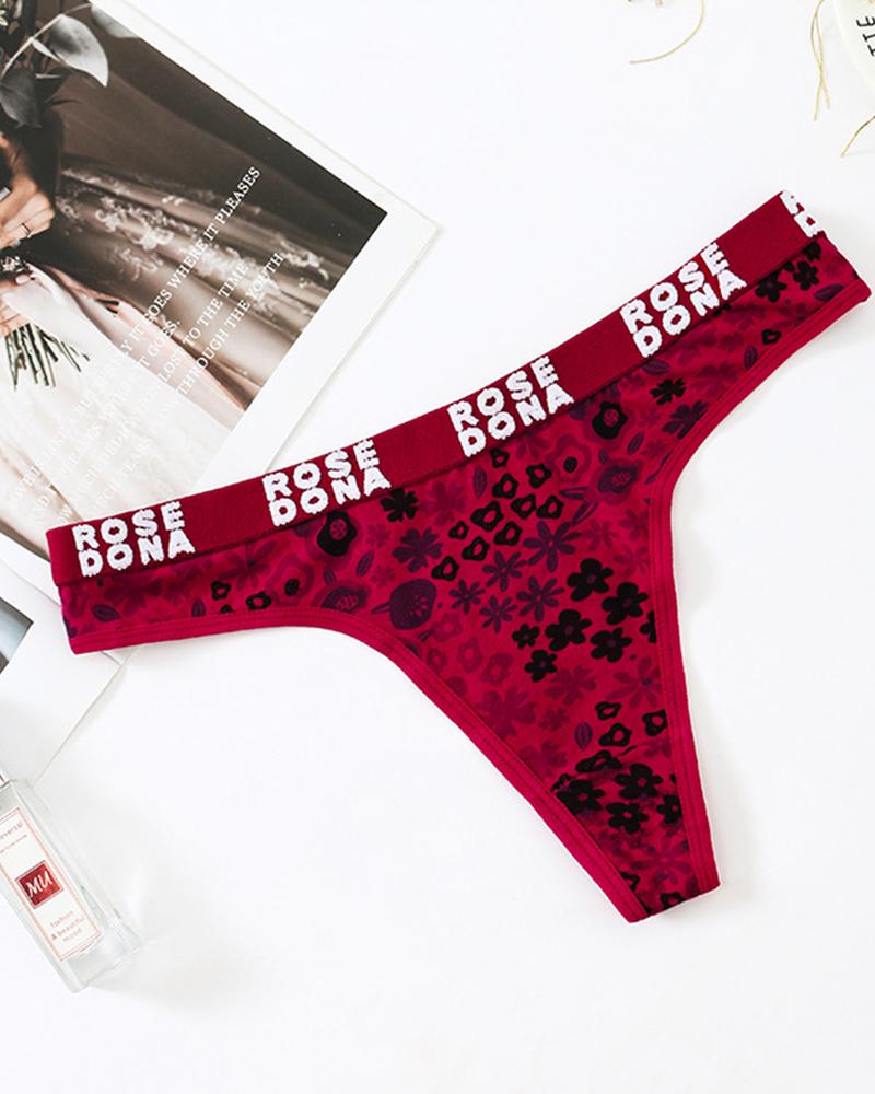 

Letter & Floral Print Low Waist Skinny Sexy Short Panties, Red
