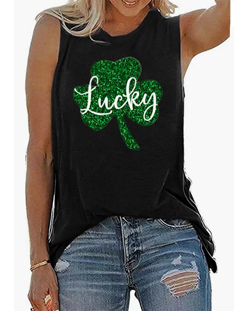 

St. Patrick' Day Lucky Shamrock Print Casual Tank Top, Black