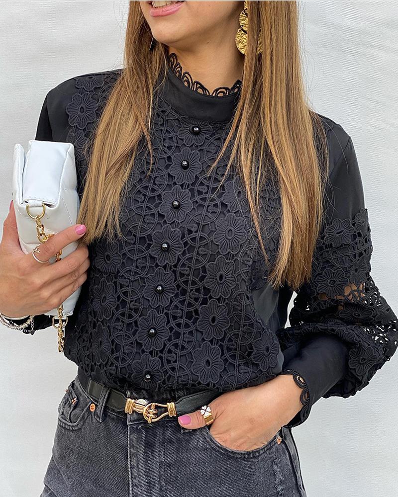 

Stand Collar Contrast Lace Top, Black