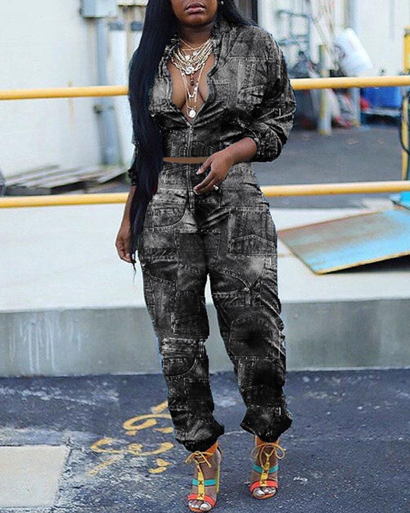 

Denim Print Zipper Design Coat & Pants Set, Dark grey