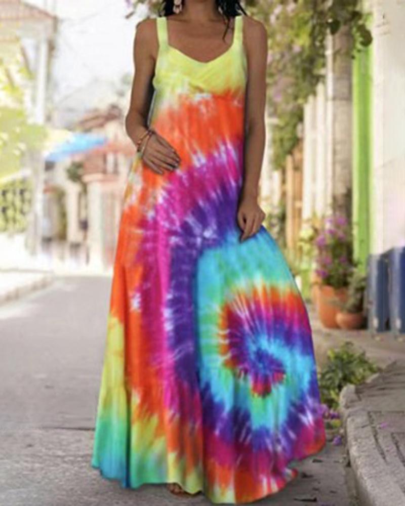 

Plus Size Tie Dye Print Thick Strap Maxi Dress, Multicolor