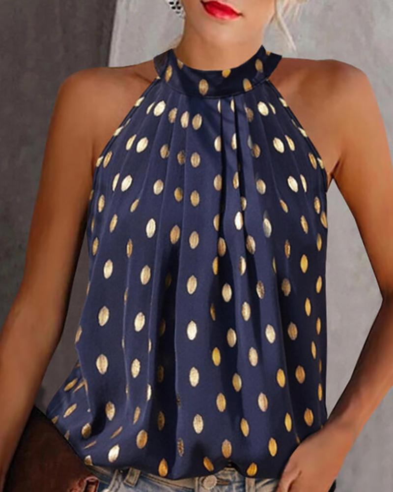 

Halter Polka Dot Print Sleeveless Ruched Top, Dark blue