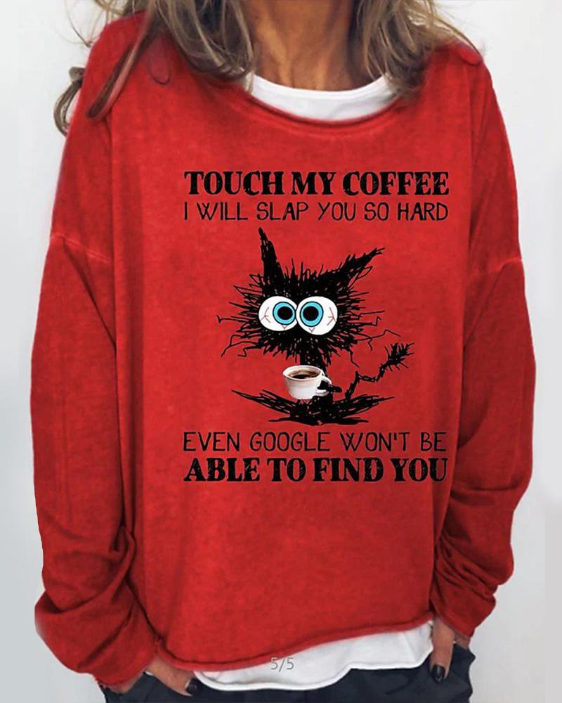 

Letter Cat Print Long Sleeve Casual Top, Red
