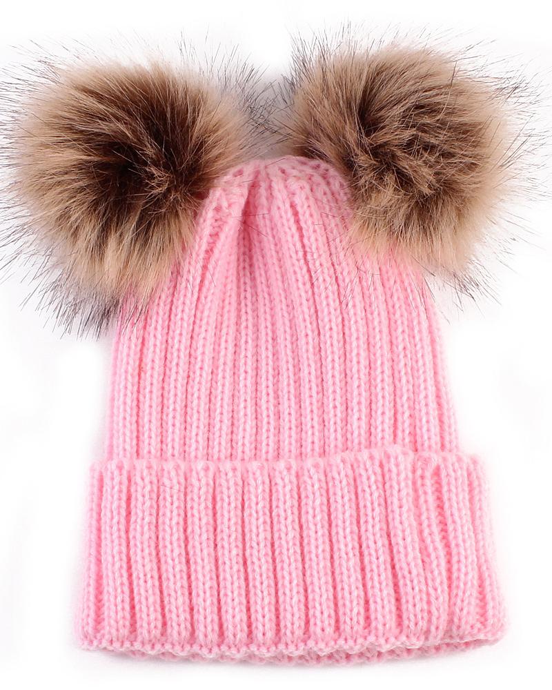 

Knit Double Pom Pom Decor Cuffed Beanie For Adult, Pink