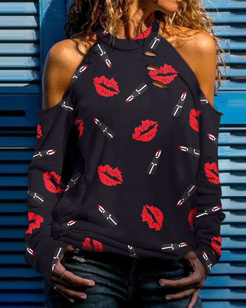 

Valentine' Day Lip Print Cold Shoulder Top, Black