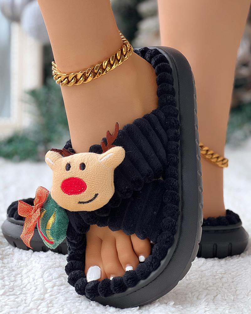 Christmas Cartoon Elk Santa Pattern Cross Strap Winter Slippers