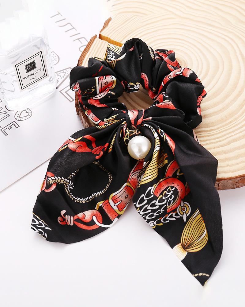 

Retro Floral Print Beaded Fabric Scrunchy, Black