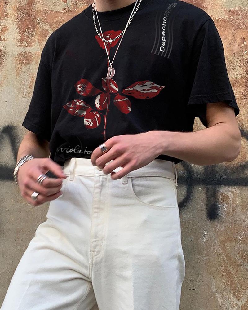 

Punk Style Rose Print Short Sleeve T-shirt, Black