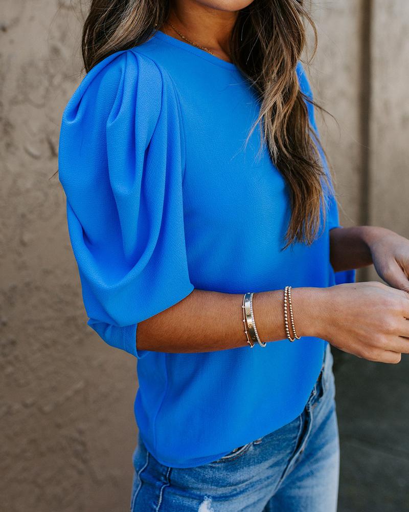 

Plain Puff Sleeve Top, Blue