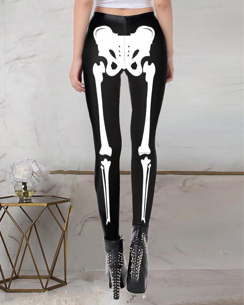 

Halloween Skeleton Print High Waist Leggings, Black