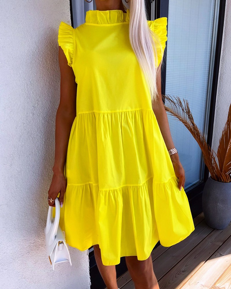 Flutter Sleeve Frill Hem Ruffles Smock Dress