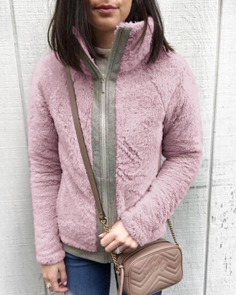 

Fluffy Zipper Design Long Sleeve Coat, Pink