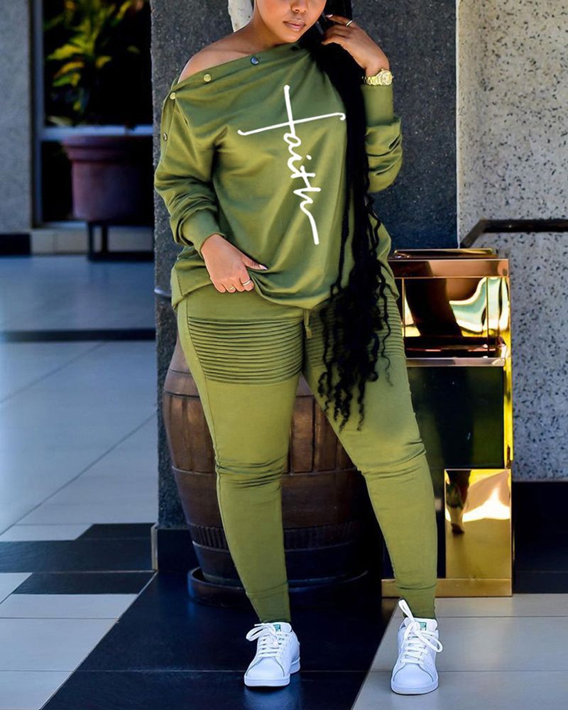 

Letter Print Long Sleeve Casual Top & Pants Set, Green