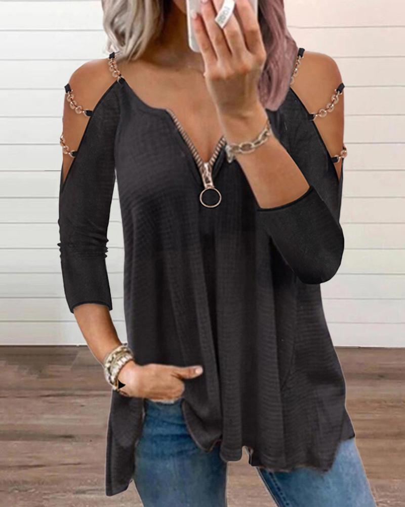 

Zip Front Chain Strap Cold Shoulder Top, Black