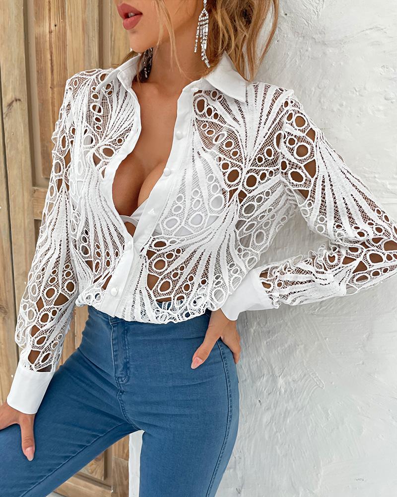 

Eyelet Embroidery Long Sleeve Button Down Shirt, White