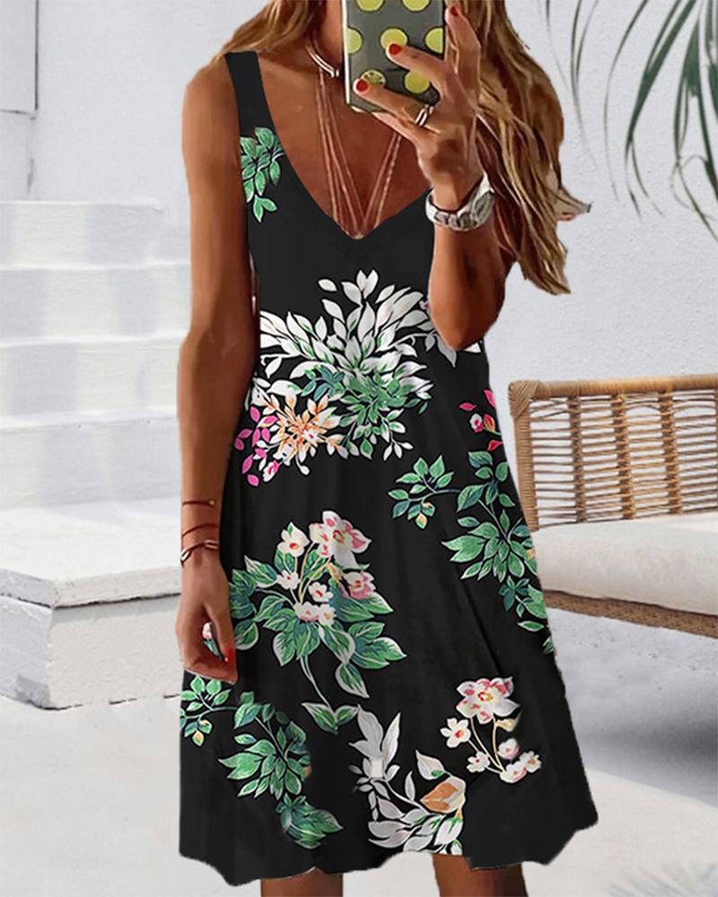

V-Neck Floral Print Tank Dress, Green